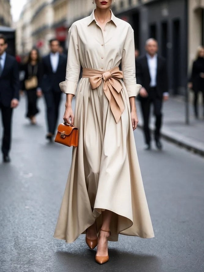 Beige belted shirt dress with rolled cuffs and full high-low skirt, paired with tan handbag