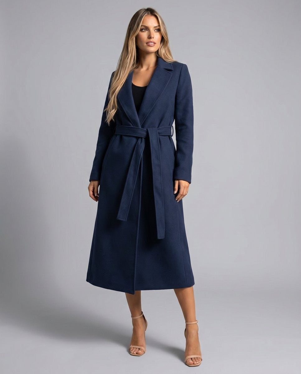 Long navy wrap coat with tie belt and notch lapel collar