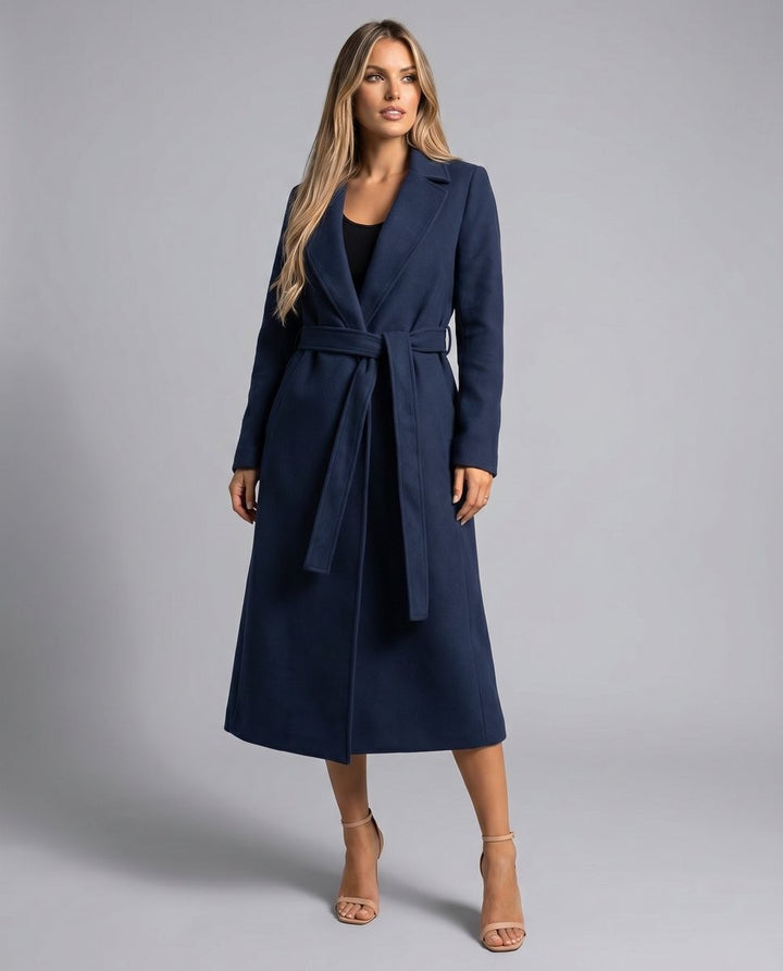 Long navy wrap coat with tie belt and notch lapel collar