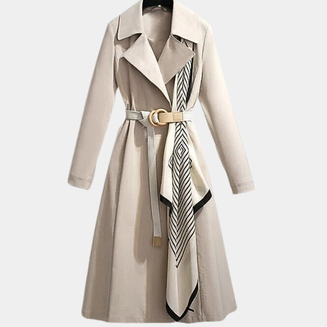 Beige midi trench coat with contrast striped scarf and belt