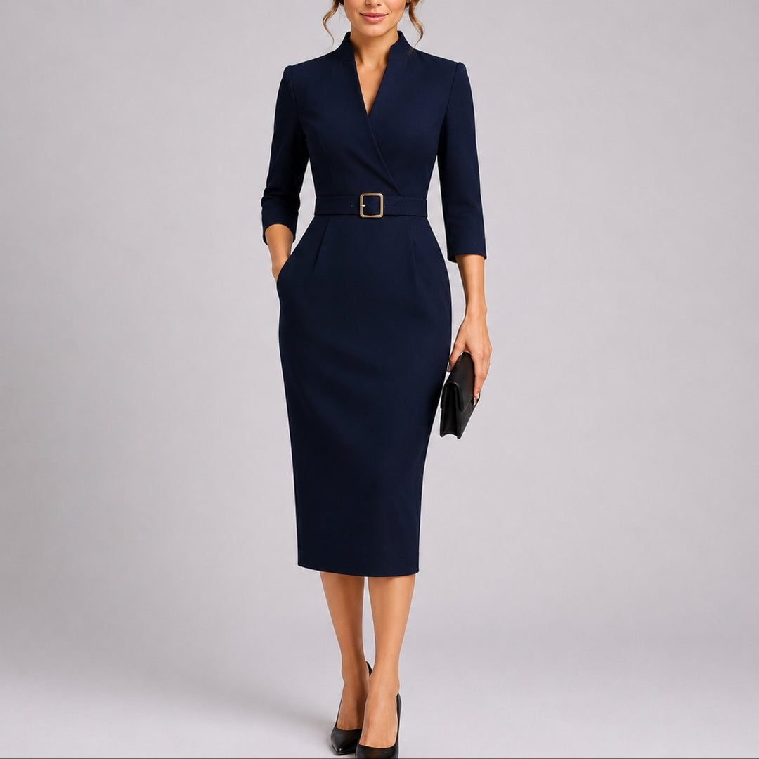 Navy blue belted V-neck bodycon midi dress with three-quarter sleeves