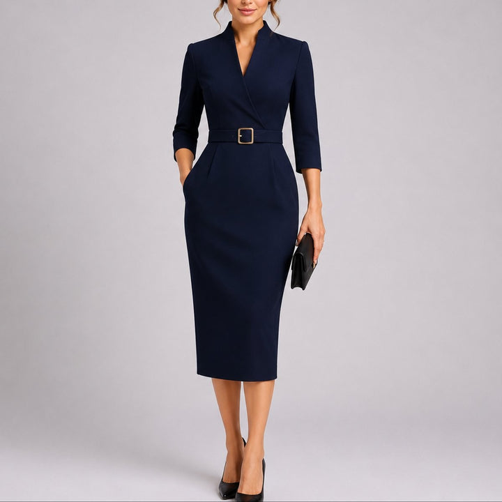 Navy blue belted V-neck bodycon midi dress with three-quarter sleeves