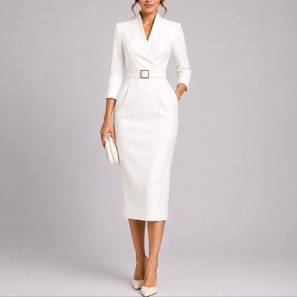 White belted V-neck bodycon midi dress with three-quarter sleeves
