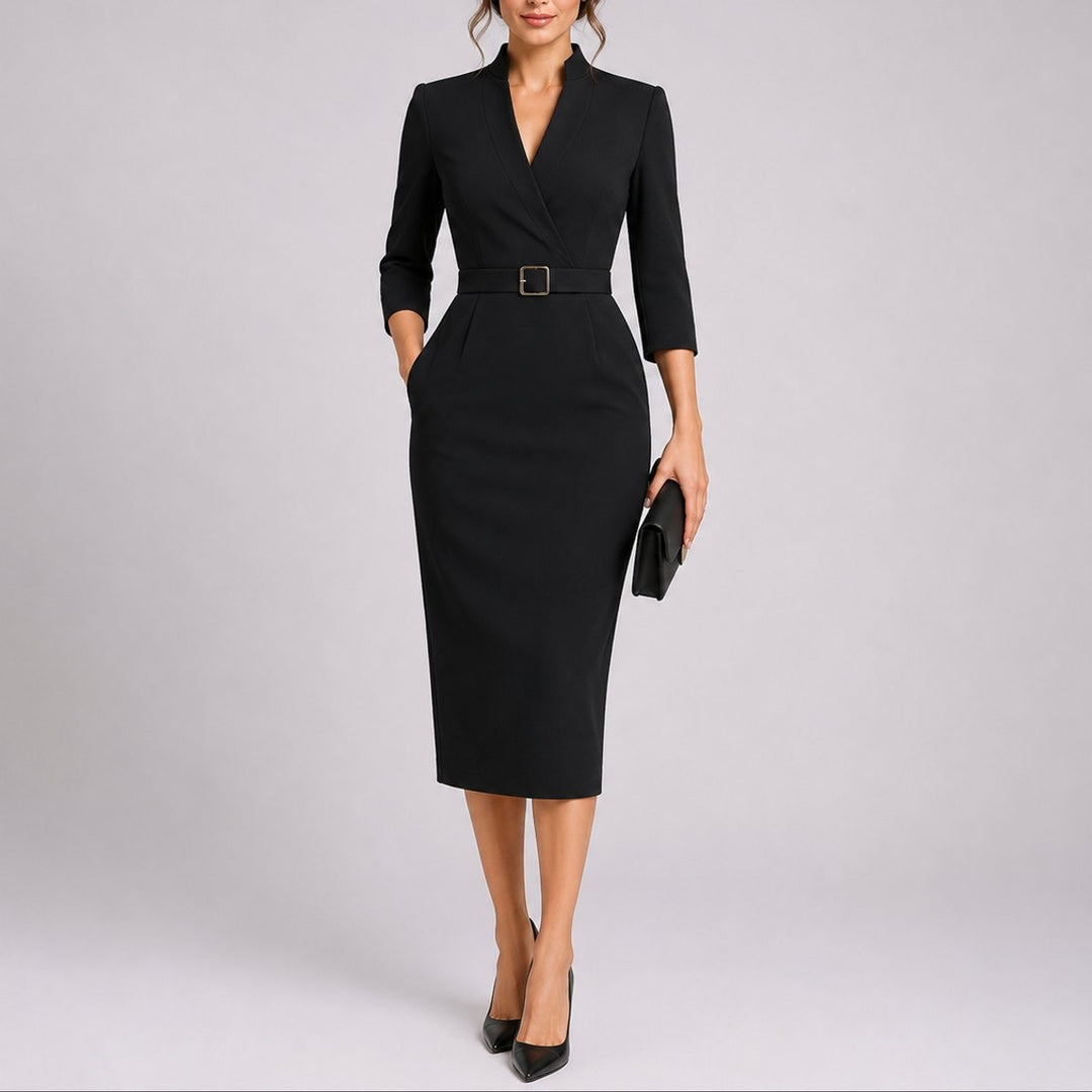 Black belted V-neck bodycon midi dress with three-quarter sleeves