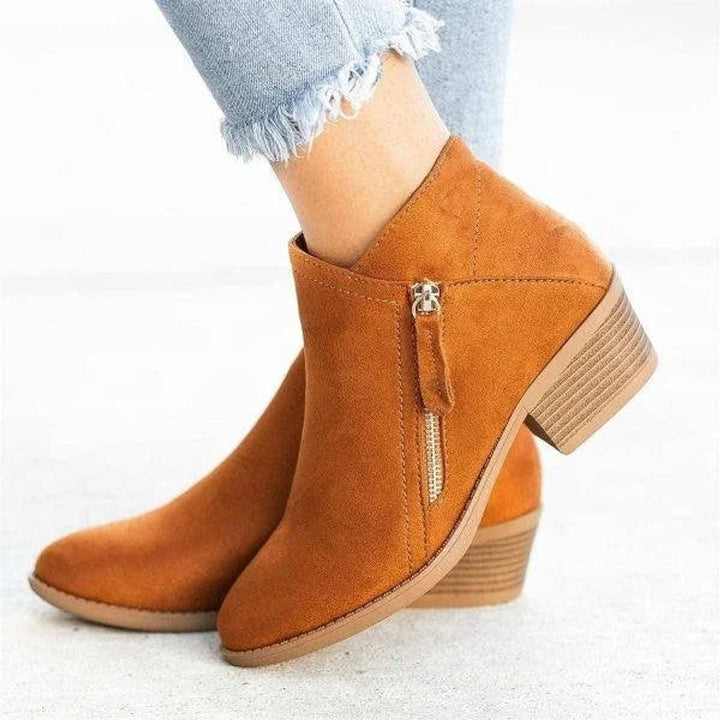 Camel suede ankle boot with gold side zipper and chunky low heel