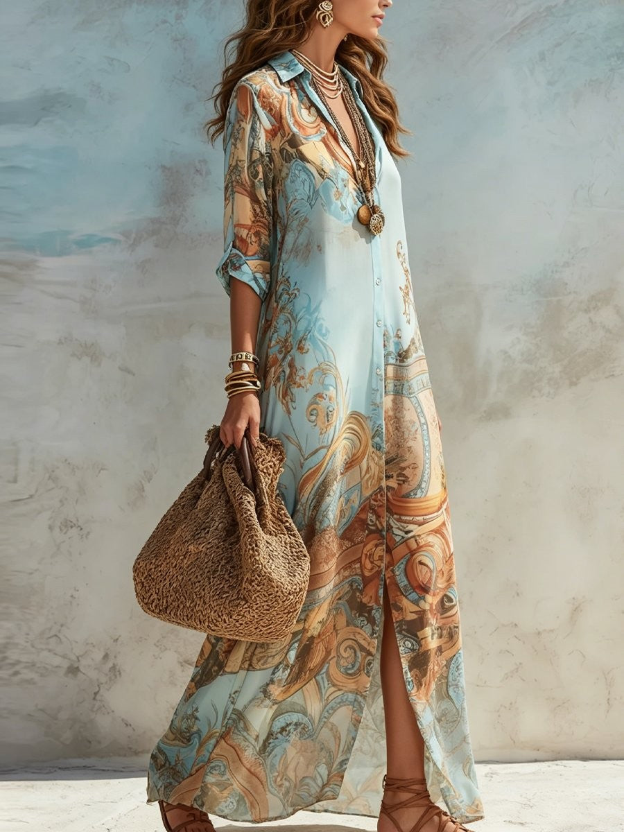 Side view of paisley print maxi shirt dress with front slit and long sleeves