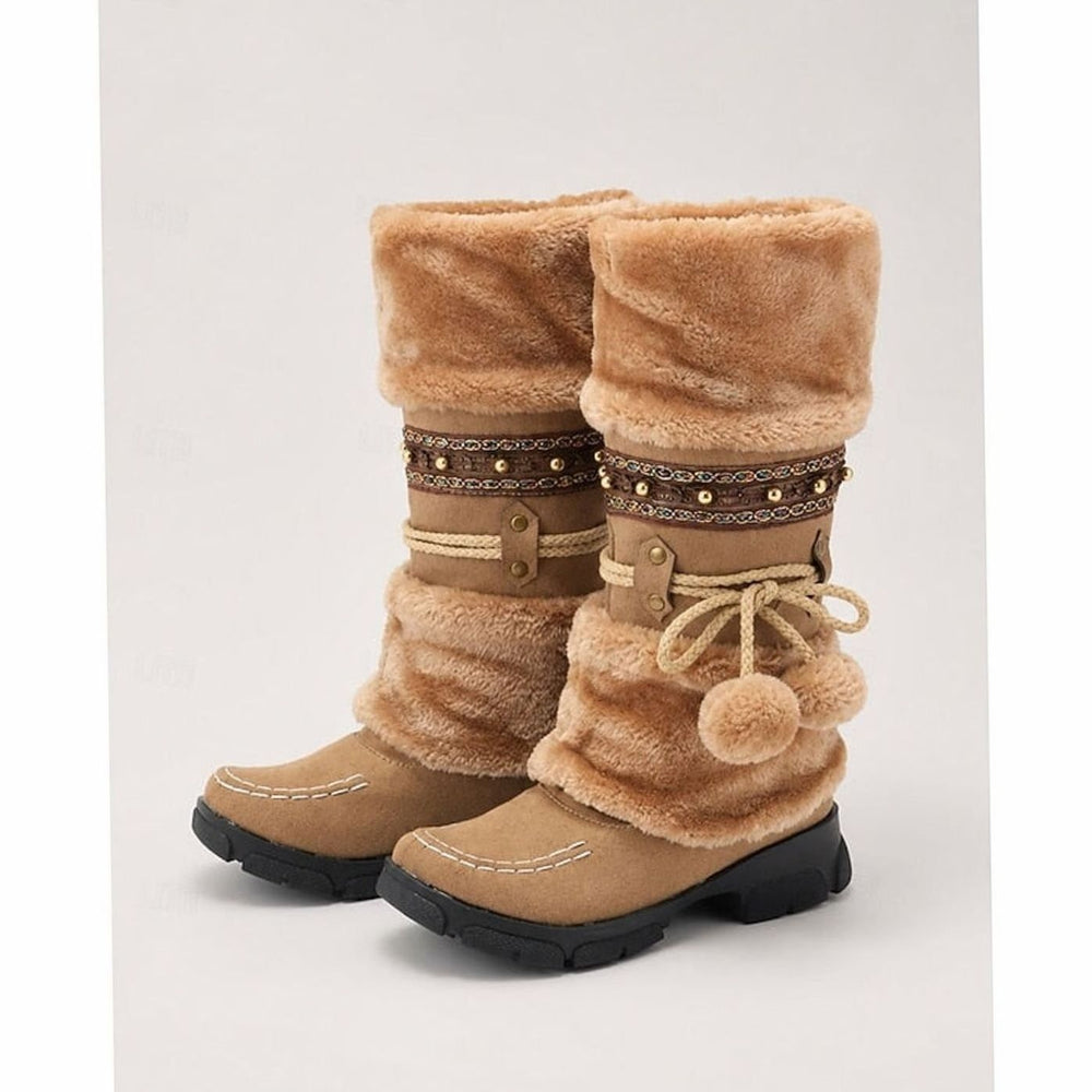 tan faux-fur cuff slouch boots with beaded trim and pom-pom laces