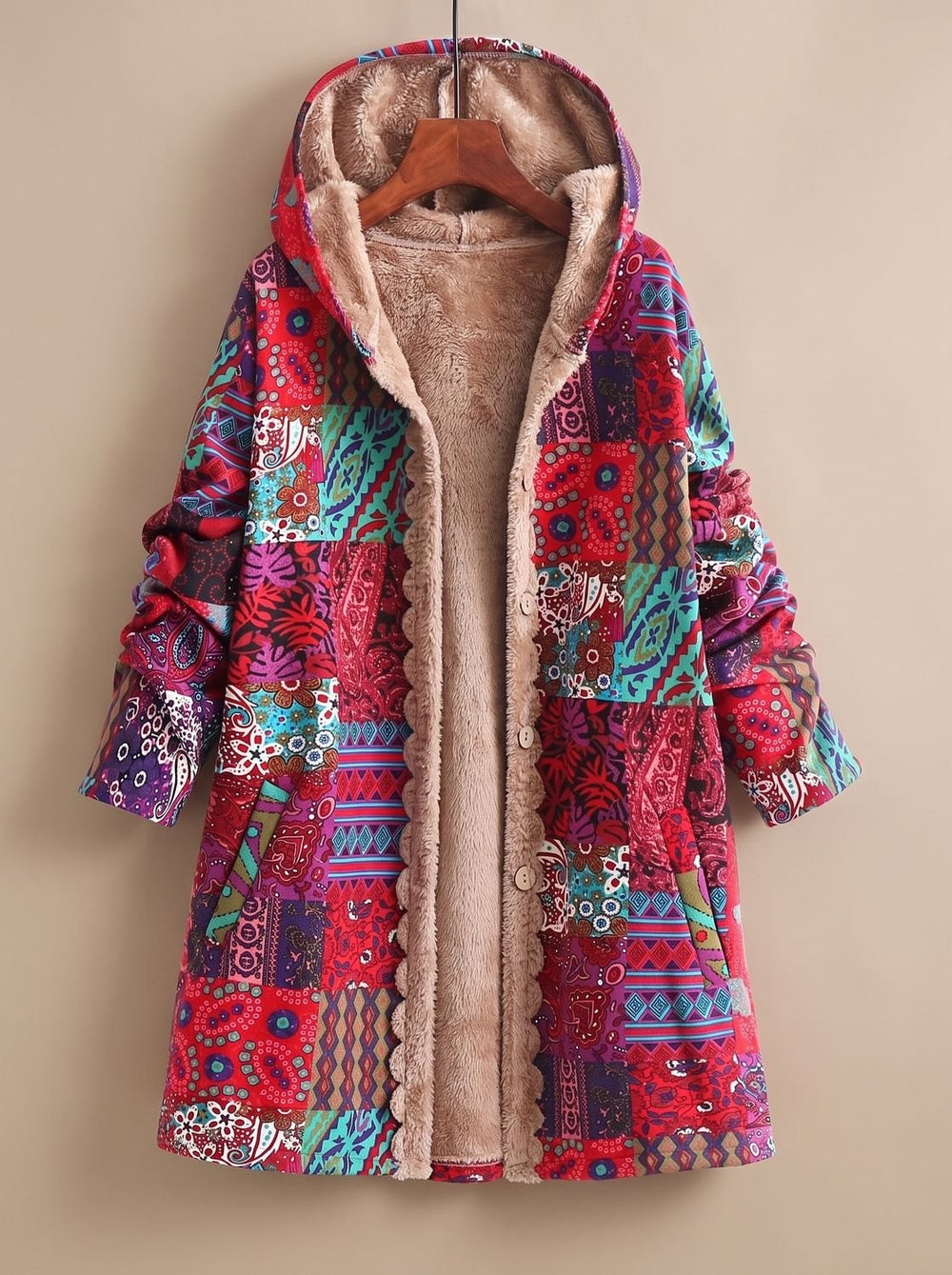 red bohemian patchwork print hooded coat with faux fur trim and buttons