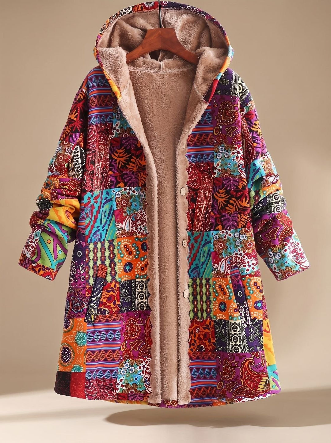 purple and orange boho patchwork hooded jacket with plush fleece interior