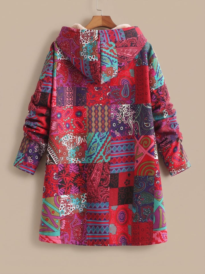 back view of red patchwork print hooded coat with fleece-lined hood