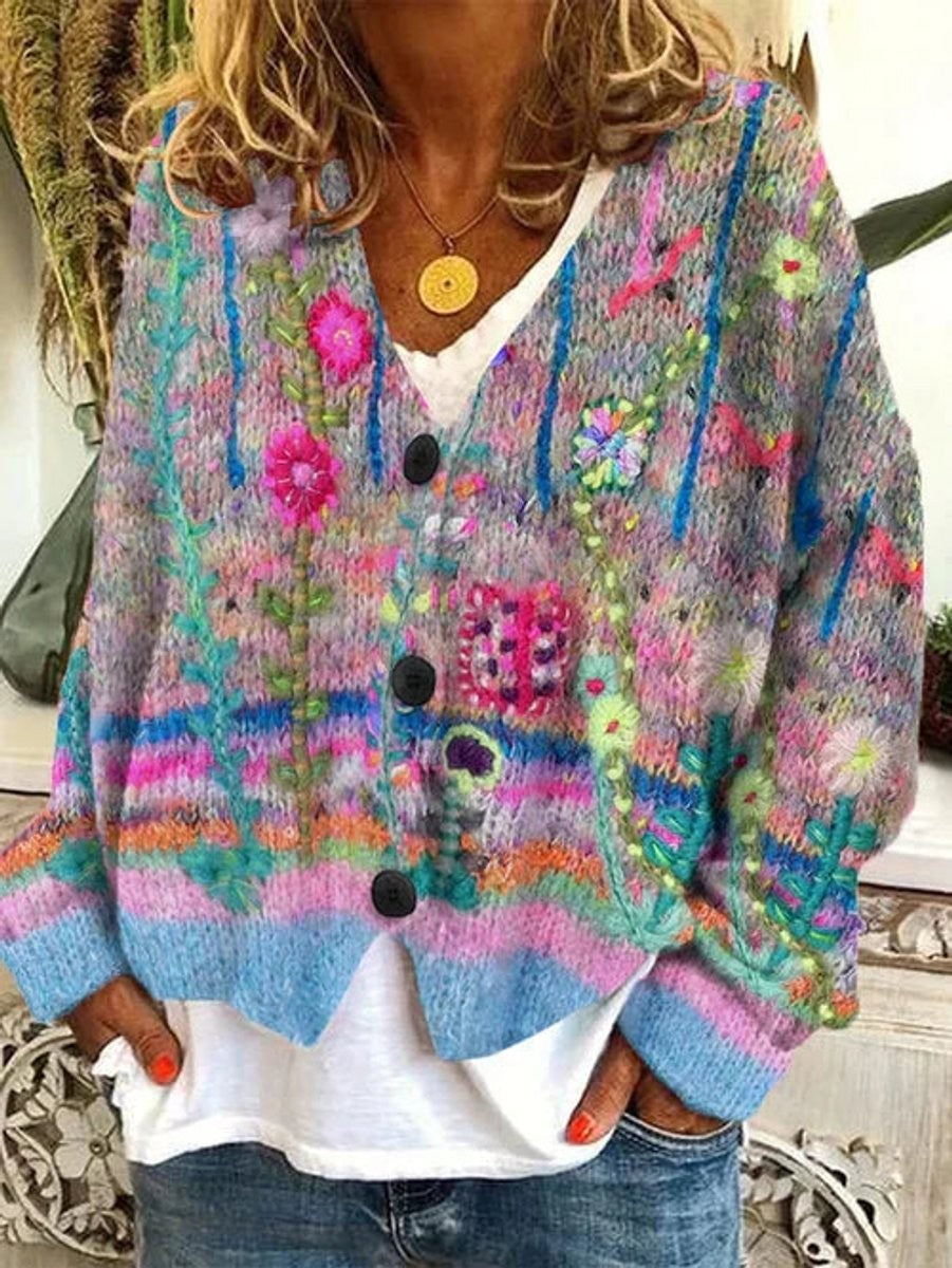 gray floral embroidered knit cardigan with button-front closure and V-neck