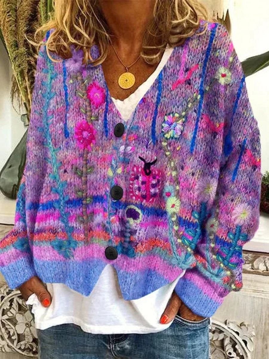 purple floral print knit cardigan featuring button-front design and long sleeves