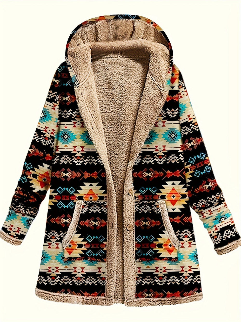 Black Aztec print sherpa-lined cardigan coat with hood and pockets