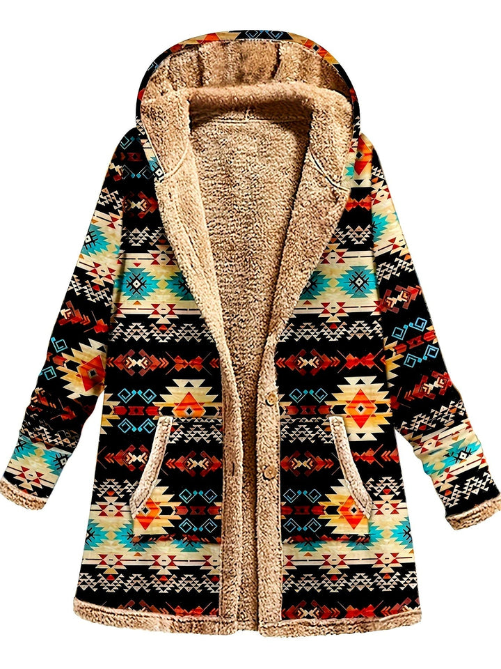 Front view of tribal print hooded coat with plush fleece lining