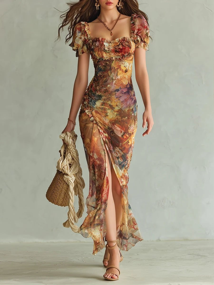 Floral print maxi dress with puff sleeves and ruffled sweetheart neckline, front view