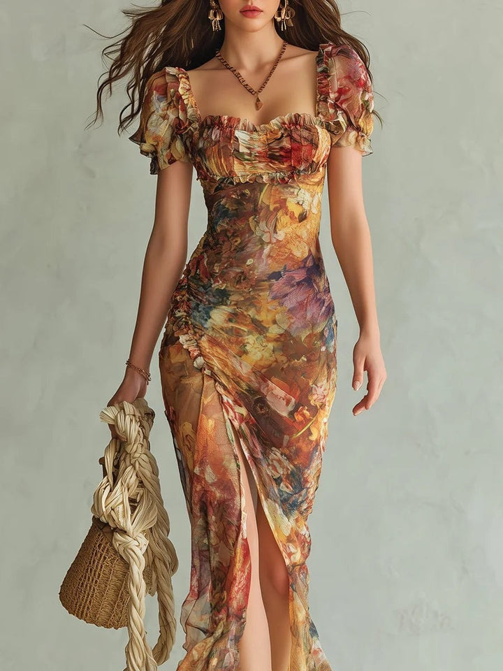 Ruffled sweetheart neckline detail on floral puff-sleeve boho maxi dress