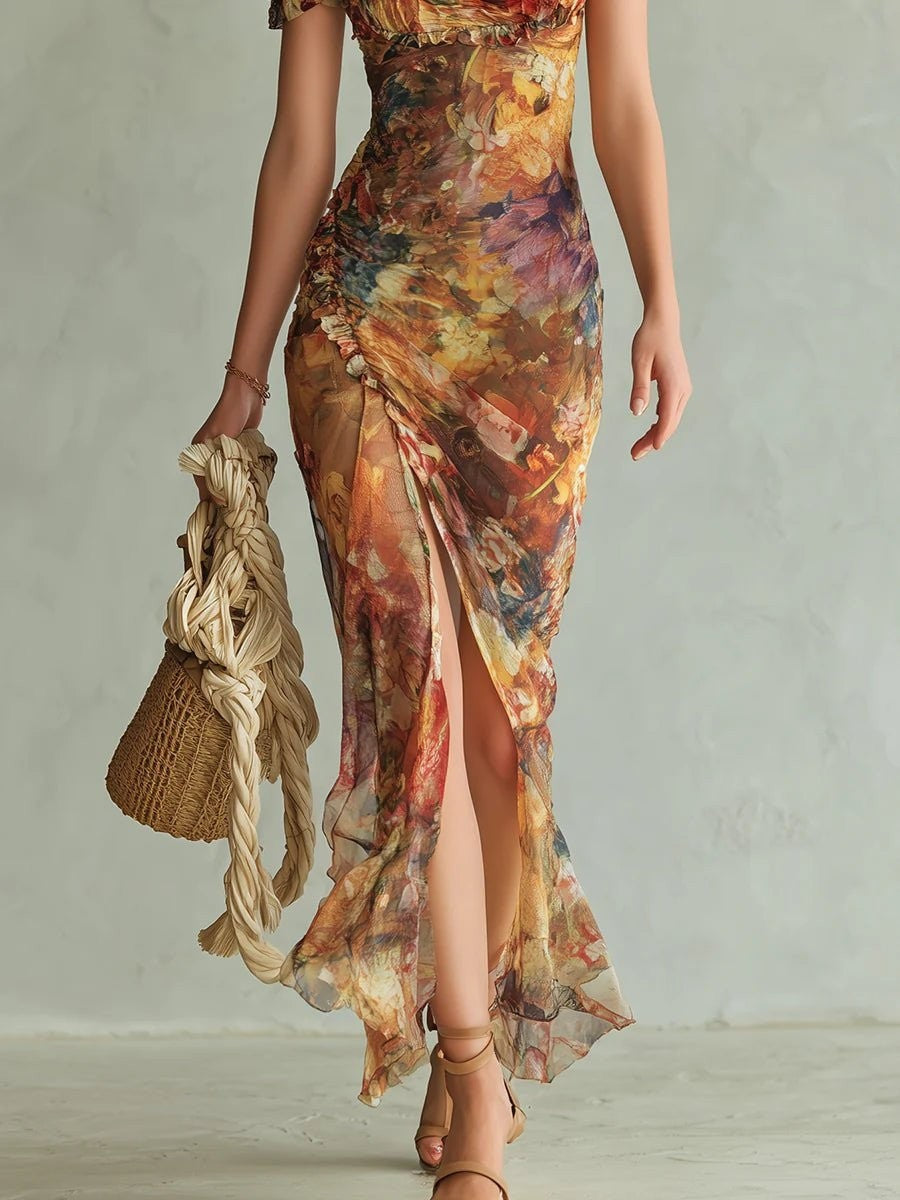 Close-up of floral maxi dress skirt with front slit and ruffled hem
