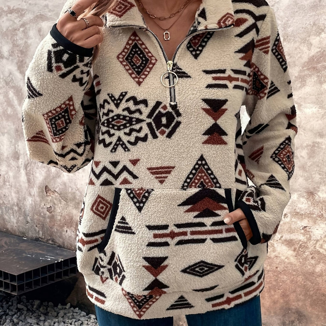 Aztec-print quarter-zip fleece pullover with kangaroo pocket, front view