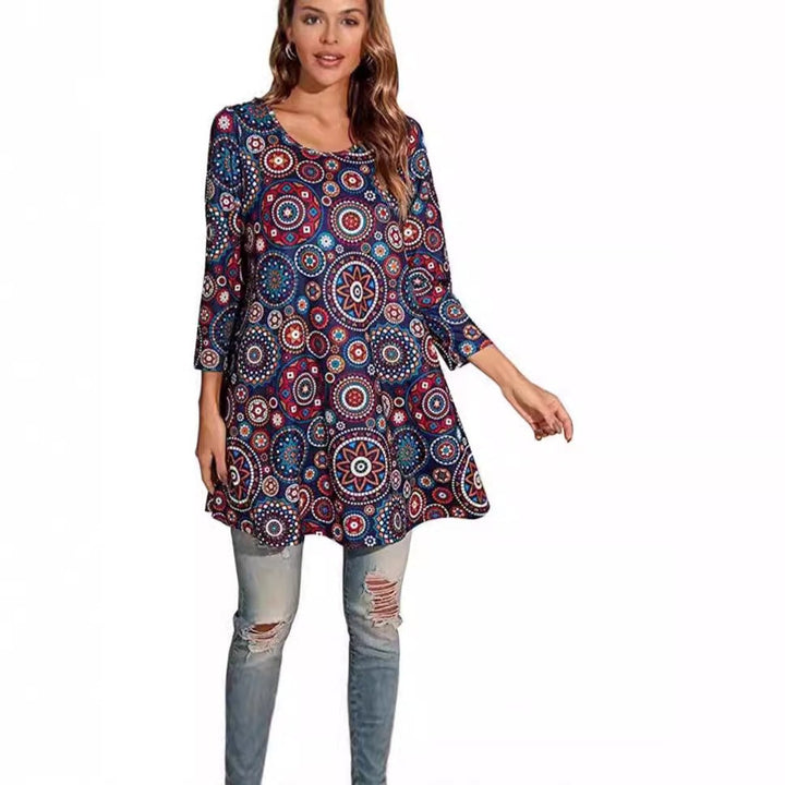 navy mandala-print swing tunic top with three-quarter sleeves and scoop neck