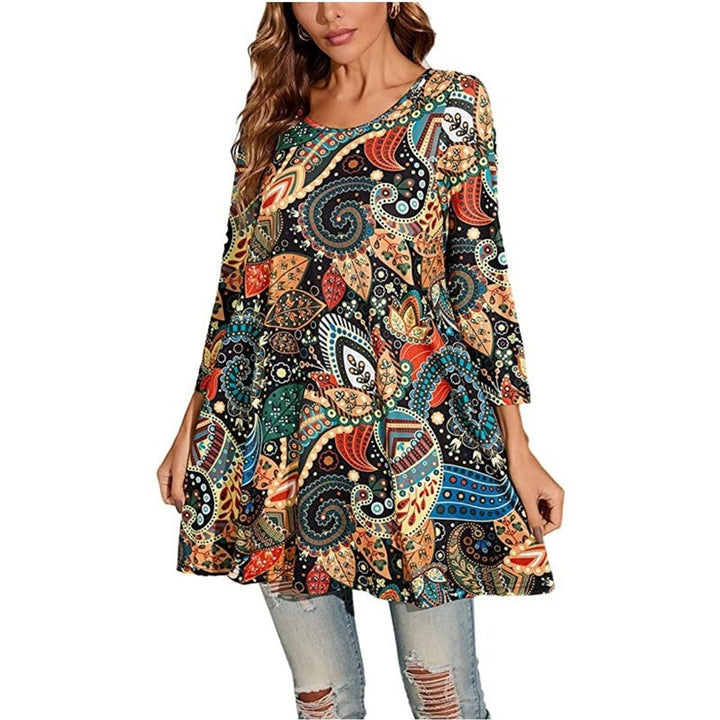 black multicolor floral tunic top with three-quarter sleeves and swing hem