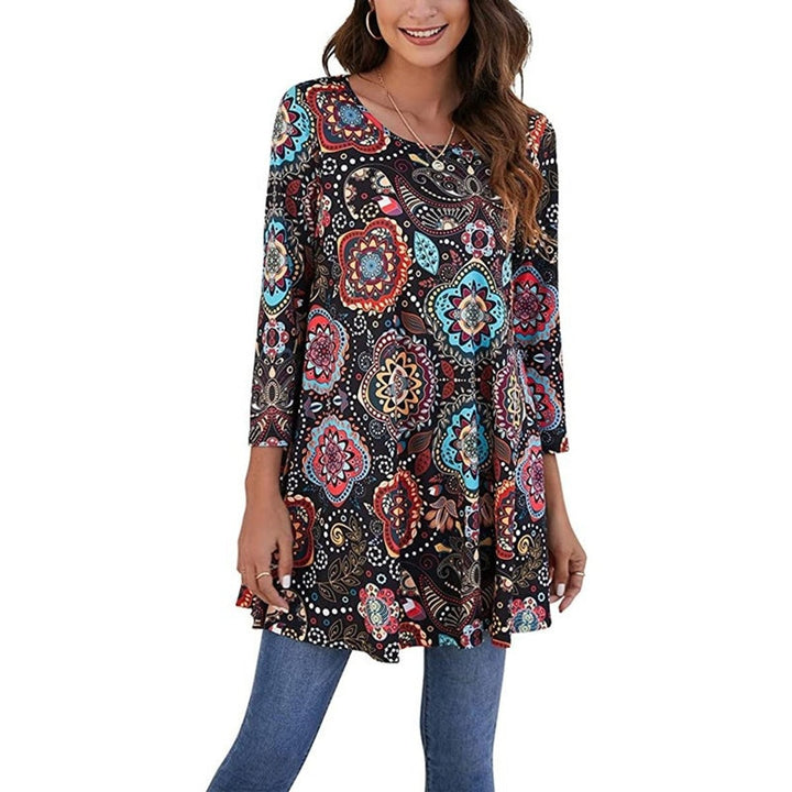 navy red mandala-print swing tunic top with three-quarter sleeves