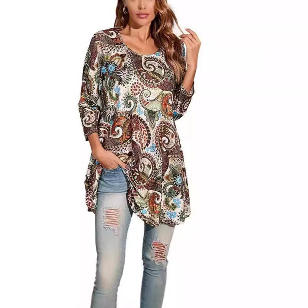 ivory paisley print tunic top with side slits and long sleeves