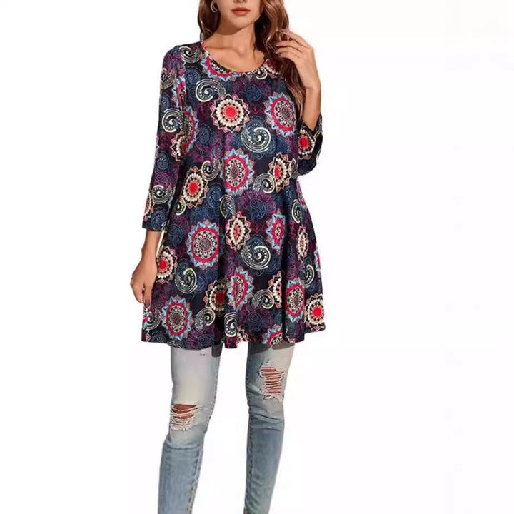 navy purple mandala-print swing dress with three-quarter sleeves