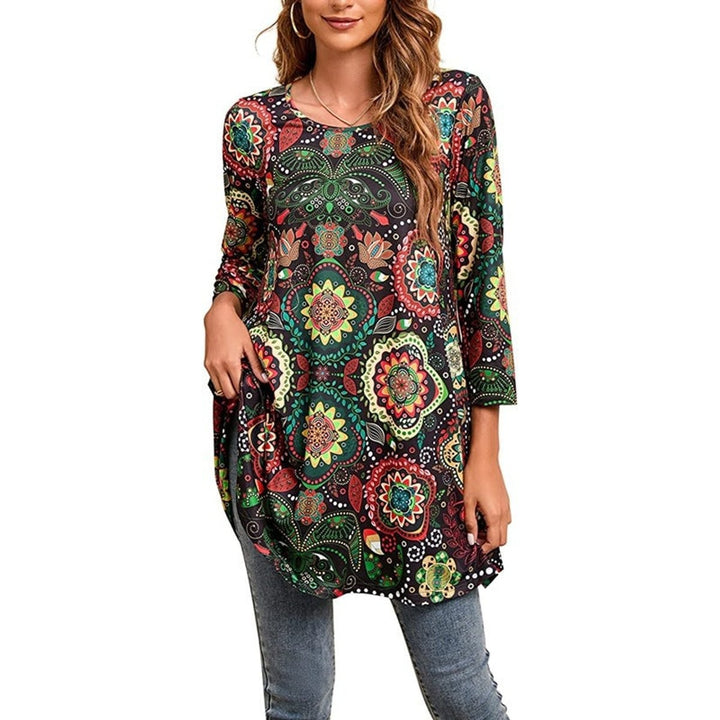 black floral medallion print tunic top with long sleeves and round neck