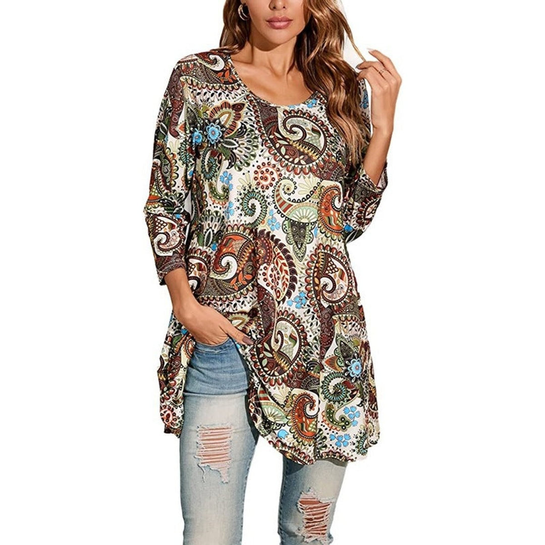 ivory paisley print long-sleeve tunic top with relaxed swing fit
