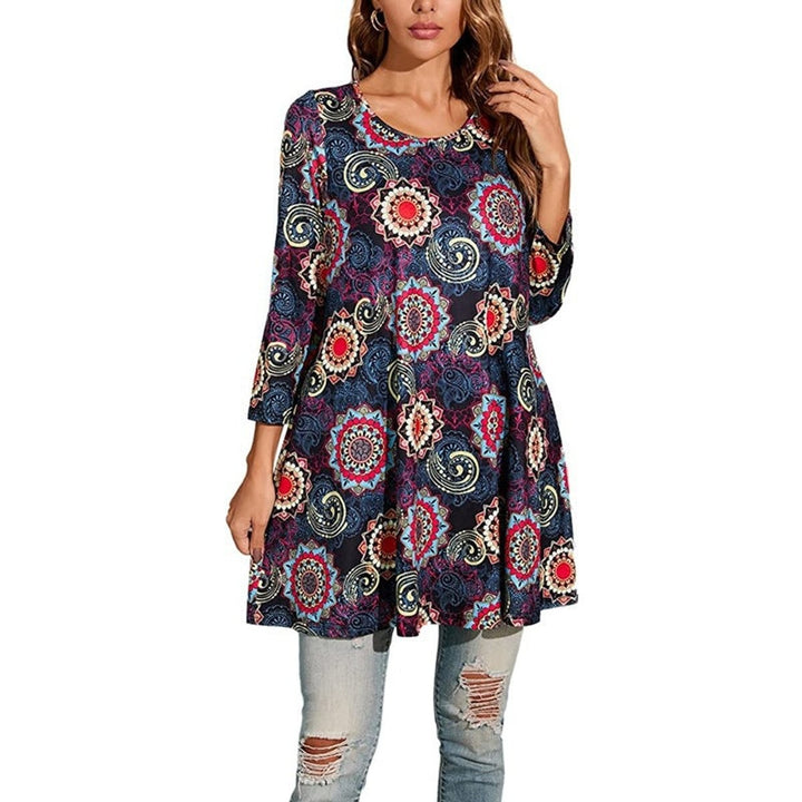 navy mandala-print tunic dress with three-quarter sleeves and A-line hem