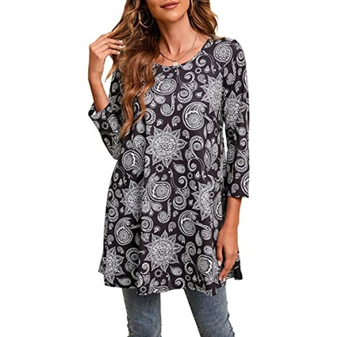 black white paisley swirl print tunic top with round neckline