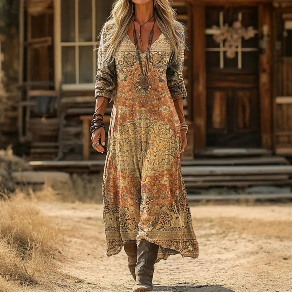 rust and beige vintage-print V-neck maxi dress with bohemian floral pattern