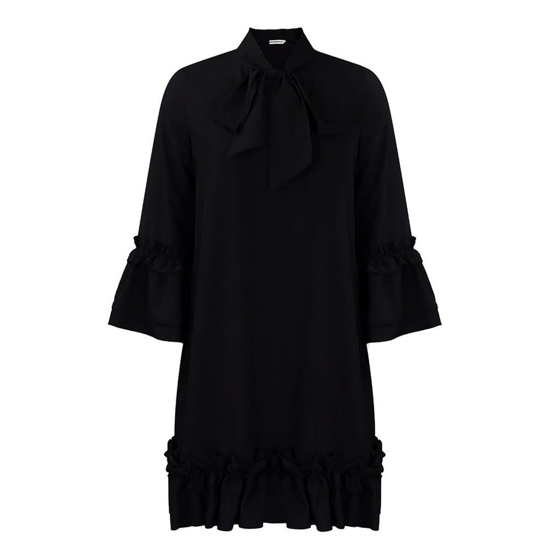 black tunic dress with bow neckline and tiered ruffle sleeves, flat lay