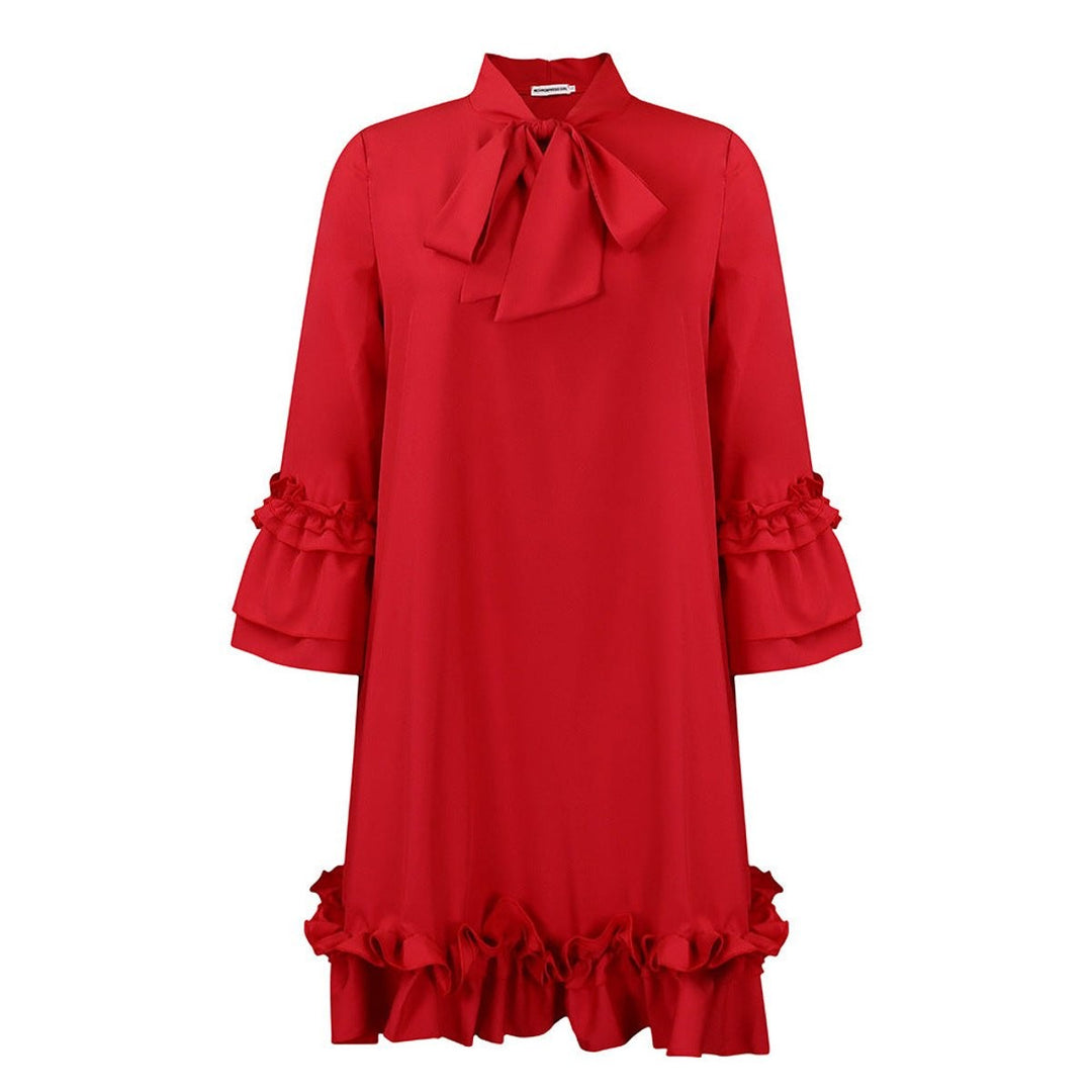 red ruffle-trim tunic dress with bow tie collar, flat lay view