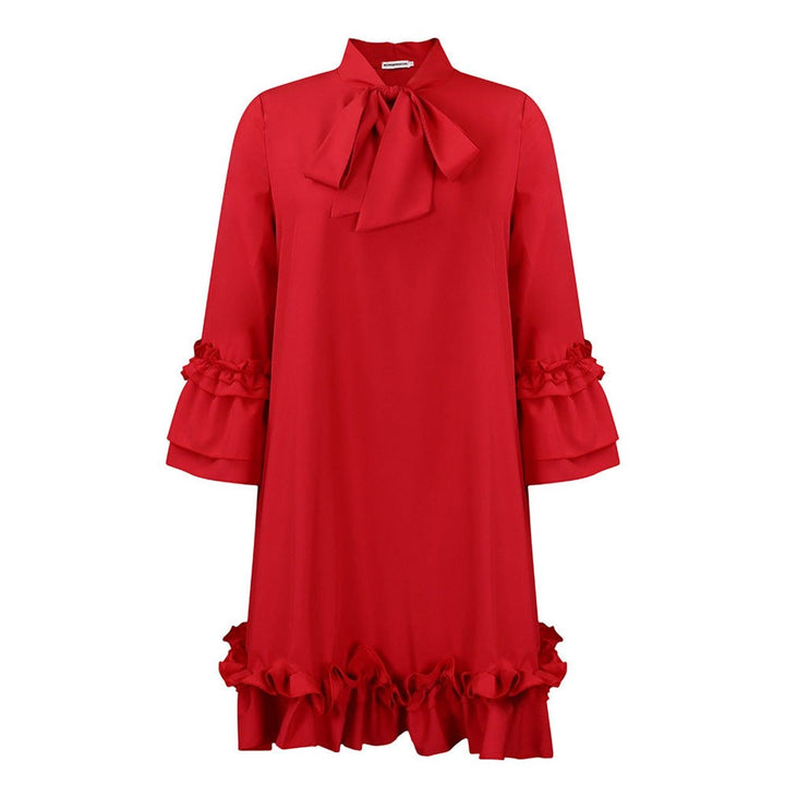 red ruffle-trim tunic dress with bow tie collar, flat lay view