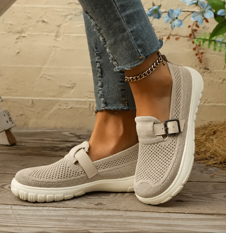 beige knit Mary Jane sneakers with buckle strap and chunky platform sole
