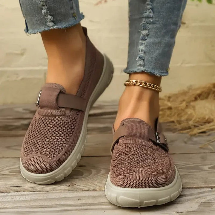 mauve knit slip-on Mary Jane sneakers featuring buckle strap detail