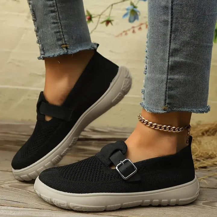 black knit Mary Jane sneakers with buckle accent and thick platform sole