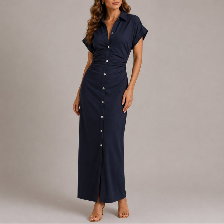 Navy button-down maxi shirt dress with ruched waist and short sleeves