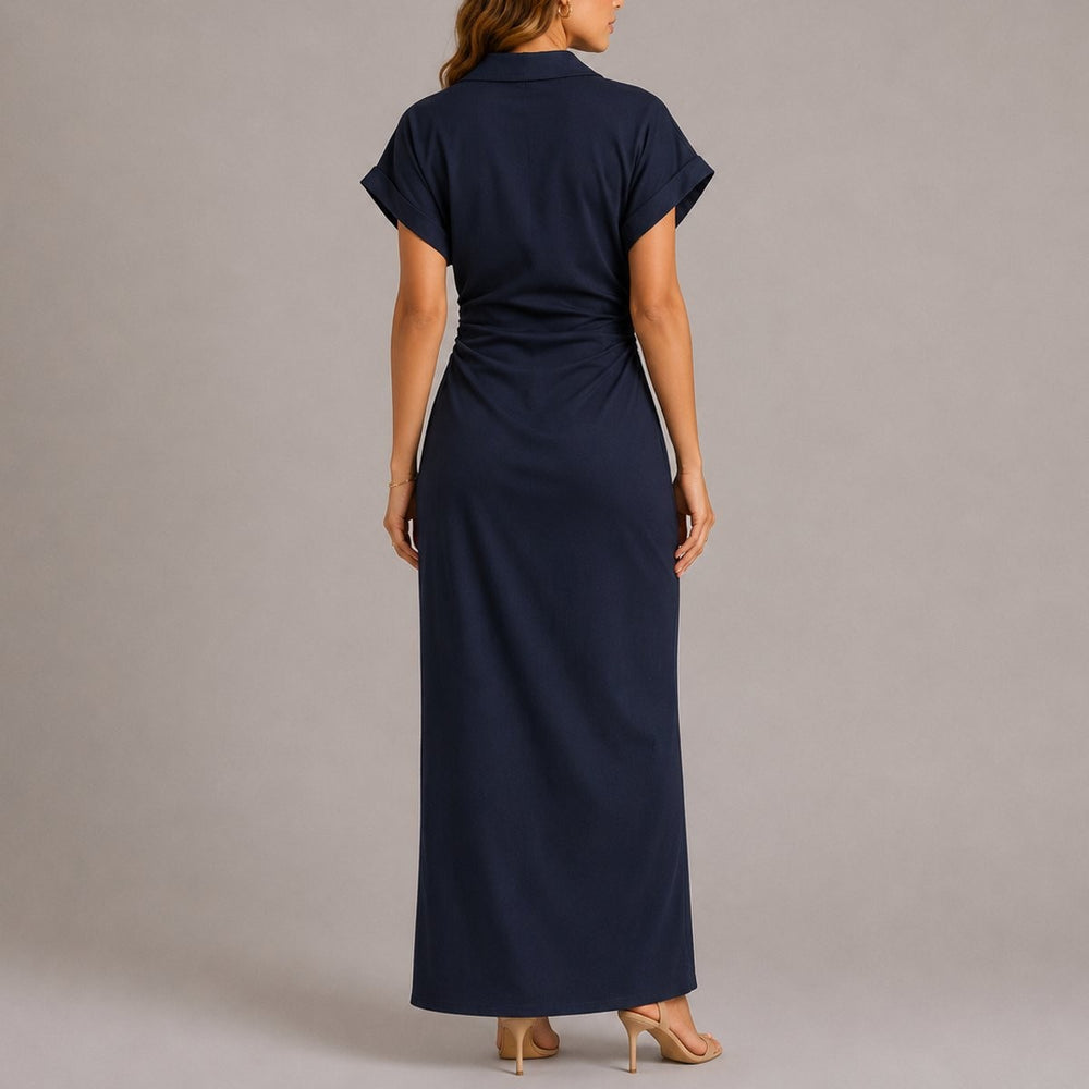 Back view of navy ruched-waist maxi shirt dress with collared neckline