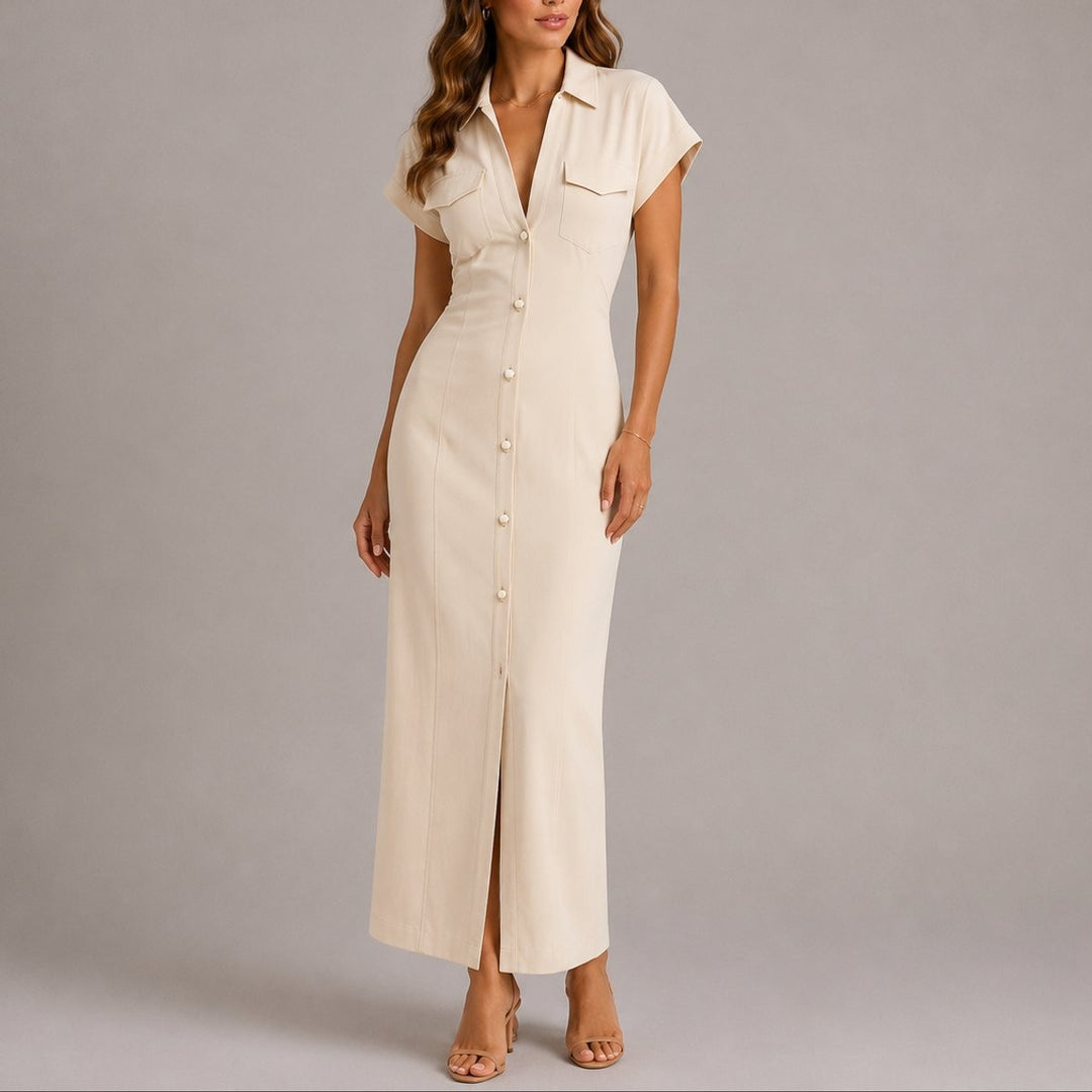 Cream button-front maxi shirt dress with chest pockets and front slit
