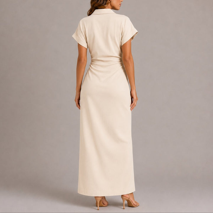 Back view of cream maxi shirt dress showing ruched waist detail