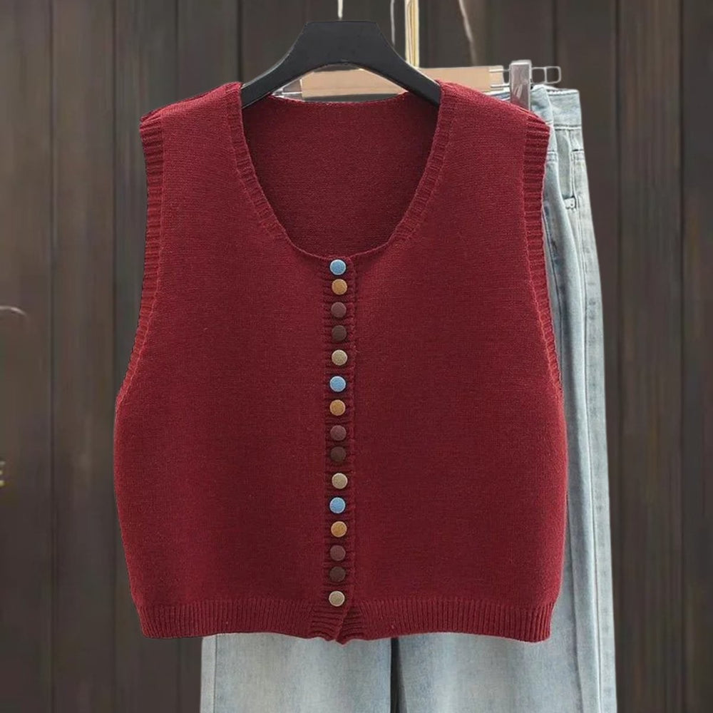 Wine red sleeveless cardigan vest featuring multicolor buttons, close-up view