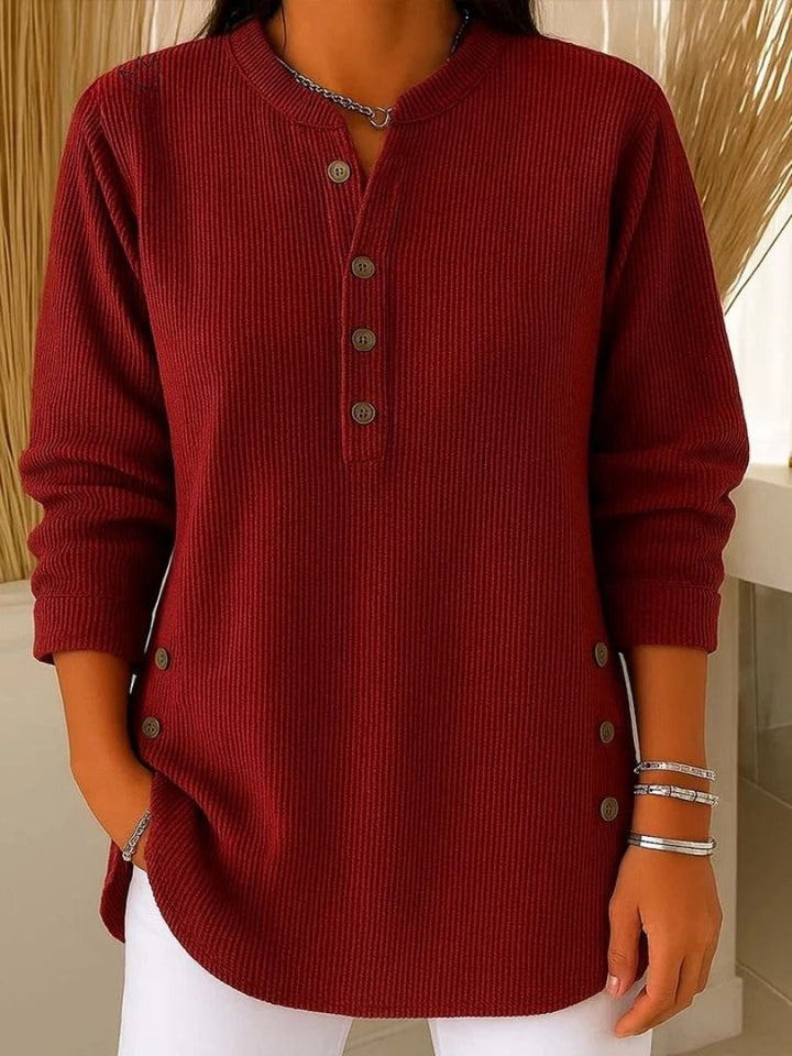 burgundy ribbed knit henley shirt with wooden buttons and long sleeves
