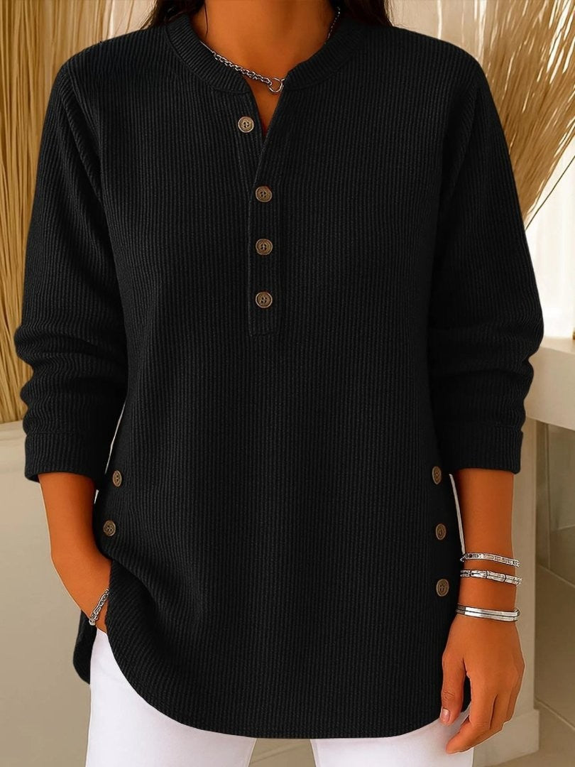 black ribbed knit henley sweater with button-front and side hem buttons