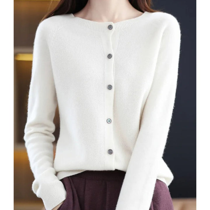 Ivory white button-front cashmere cardigan sweater, close-up detail