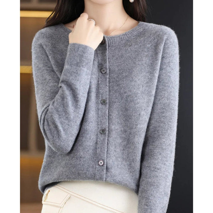 Heather gray button-front cashmere cardigan sweater, close-up view