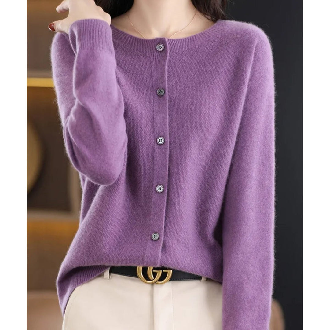 Lavender purple cashmere cardigan sweater with button front, close-up