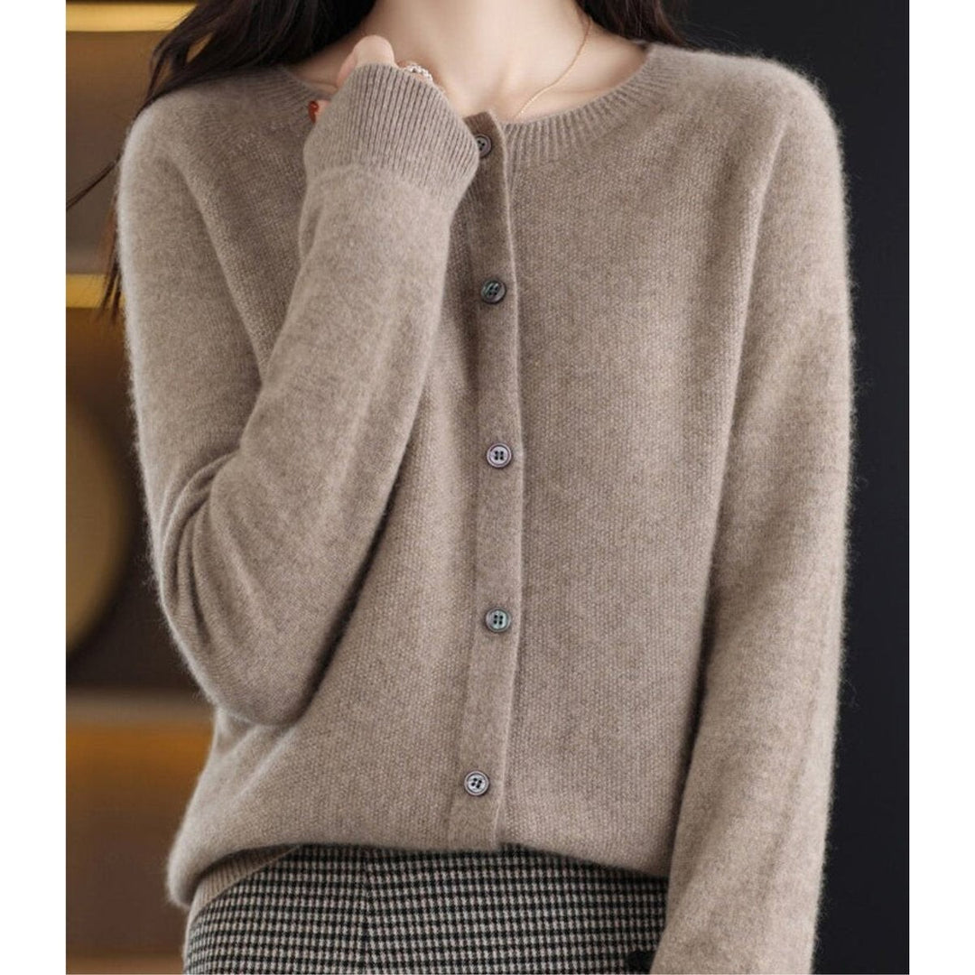 Taupe knit cardigan sweater with button front, close-up view