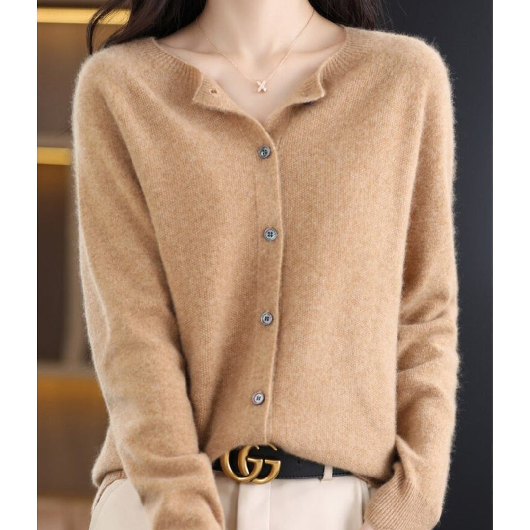 Camel button-front cashmere cardigan with round neckline, close-up